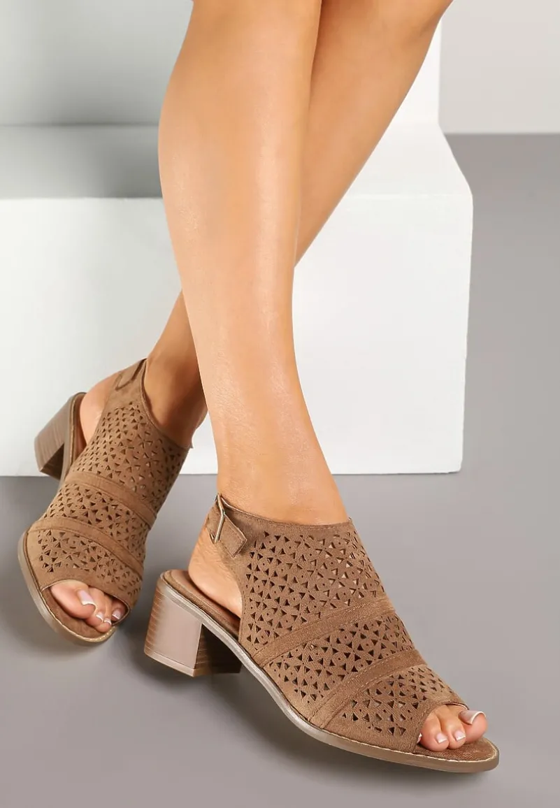Ciemnobeżowe Ażurowe Sandały Botki na Słupkowym Obcasie z Odkrytym Noskiem Lanariel