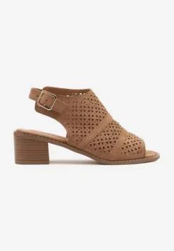 Ciemnobeżowe Ażurowe Sandały Botki na Słupkowym Obcasie z Odkrytym Noskiem Lanariel