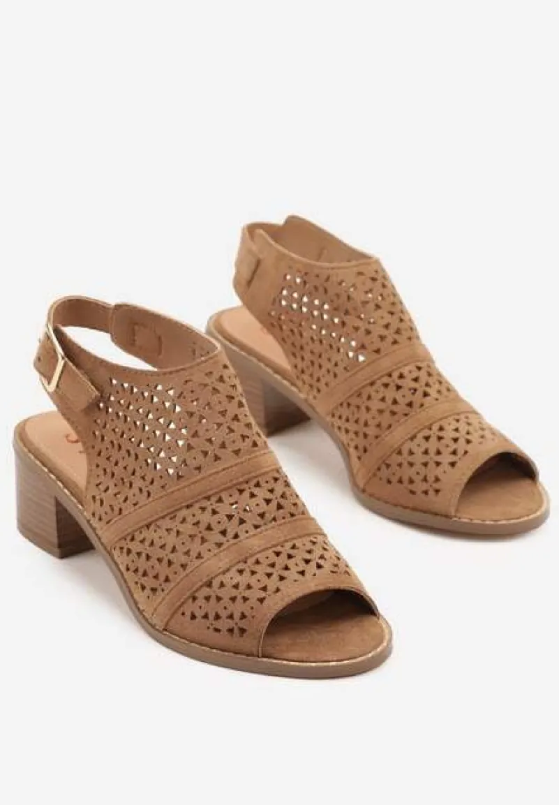 Ciemnobeżowe Ażurowe Sandały Botki na Słupkowym Obcasie z Odkrytym Noskiem Lanariel