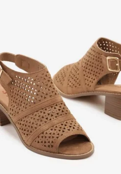 Ciemnobeżowe Ażurowe Sandały Botki na Słupkowym Obcasie z Odkrytym Noskiem Lanariel