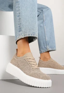 Ciemnobeżowe Ażurowe Sneakersy na Platformie Ellisara