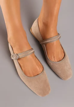 Ciemnobeżowe Balerinki na Płaskiej Podeszwie Wykończone Paskiem Benassa