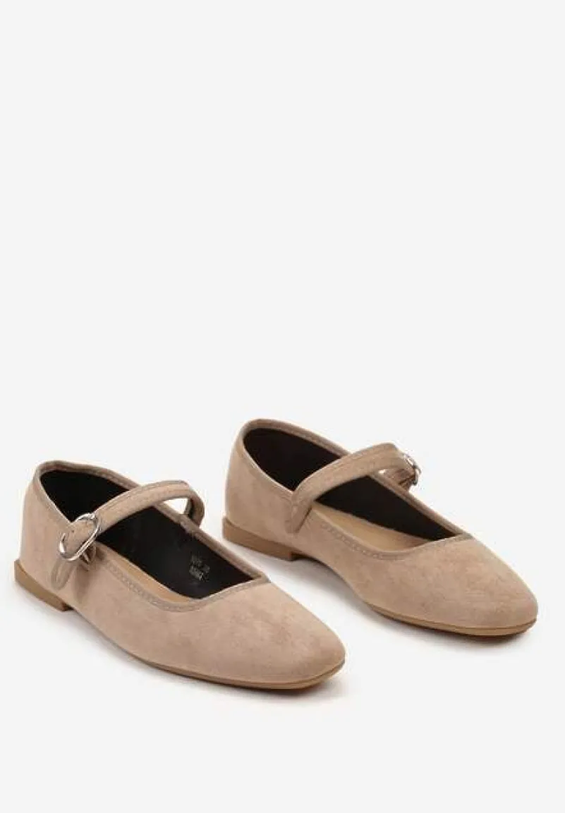 Ciemnobeżowe Balerinki na Płaskiej Podeszwie Wykończone Paskiem Benassa