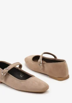 Ciemnobeżowe Balerinki na Płaskiej Podeszwie Wykończone Paskiem Benassa