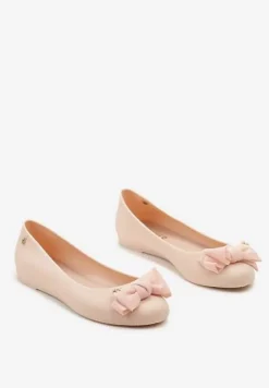 Ciemnobeżowe Balerinki na Płaskiej Podeszwie w Stylu Melisek Wykończone Kokardką Abisina