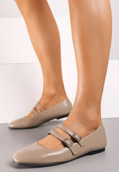 Ciemnobeżowe Balerinki na Płaskiej Podeszwie Wykończone Paskami Sprzączkami i Skórzaną Wkładką Nasnae