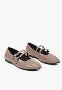 Ciemnobeżowe Balerinki na Płaskiej Podeszwie Wykończone Paskami Sprzączkami i Skórzaną Wkładką Nasnae