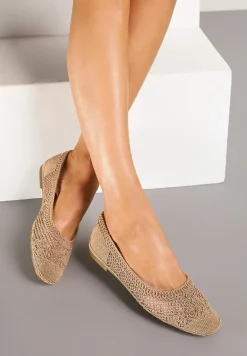 Ciemnobeżowe Balerinki Ozdobione Siateczką Landeora