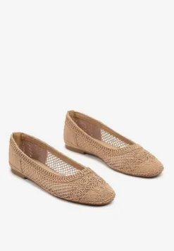 Ciemnobeżowe Balerinki Ozdobione Siateczką Landeora
