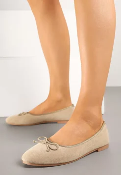 Ciemnobeżowe Balerinki Ozdobione Kokardą Hiroti