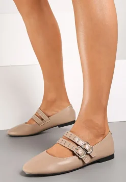 Ciemnobeżowe Balerinki Vices w Rockowym Stylu z Paskami i Sprzączkami Kikirae