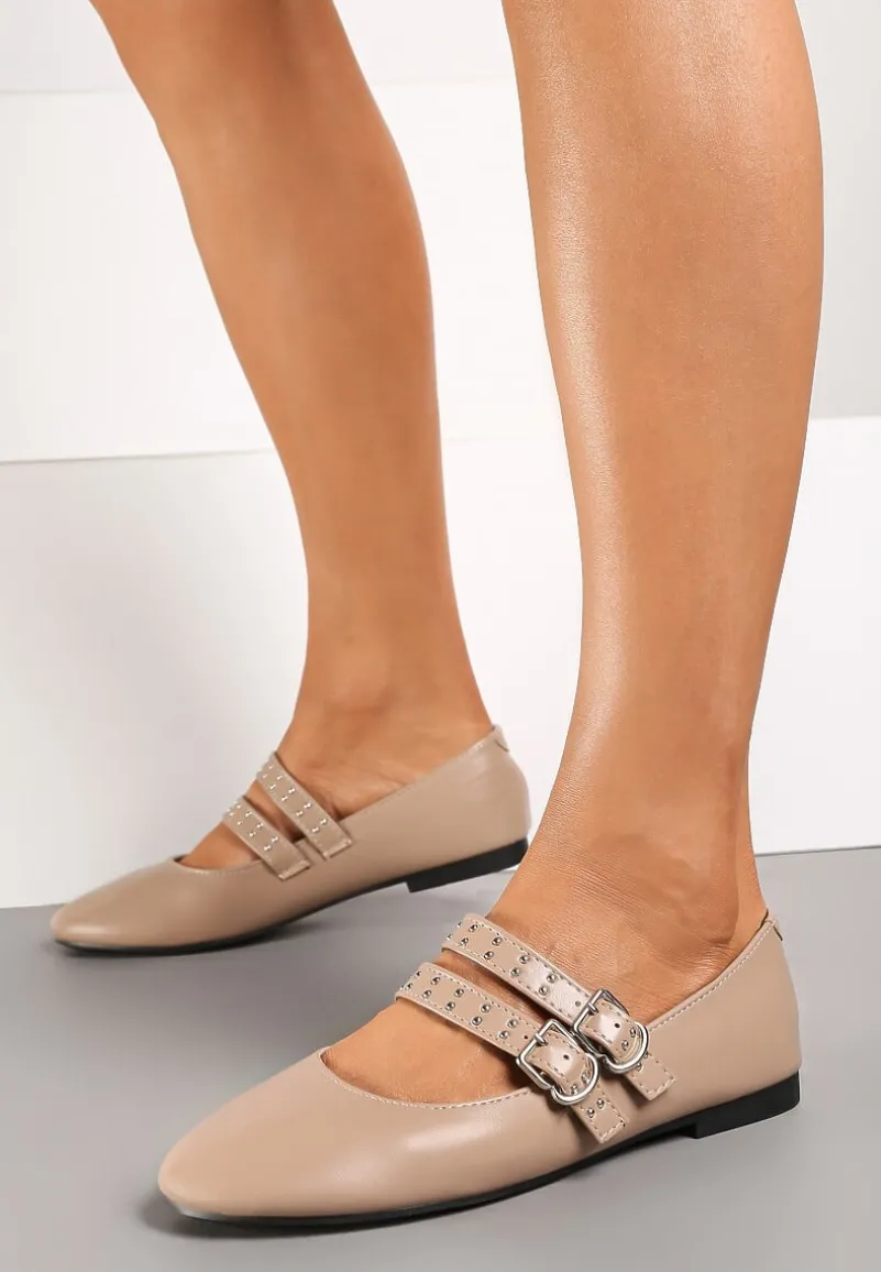 Ciemnobeżowe Balerinki Vices w Rockowym Stylu z Paskami i Sprzączkami Kikirae