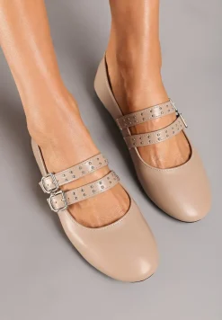 Ciemnobeżowe Balerinki Vices w Rockowym Stylu z Paskami i Sprzączkami Kikirae