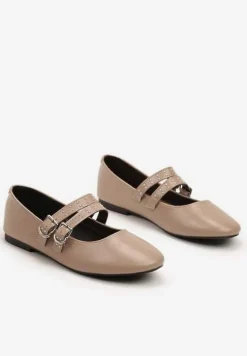 Ciemnobeżowe Balerinki Vices w Rockowym Stylu z Paskami i Sprzączkami Kikirae