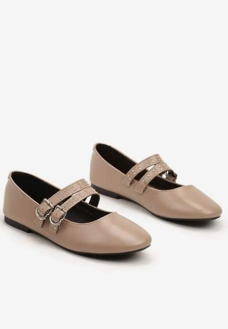 Ciemnobeżowe Balerinki Vices w Rockowym Stylu z Paskami i Sprzączkami Kikirae