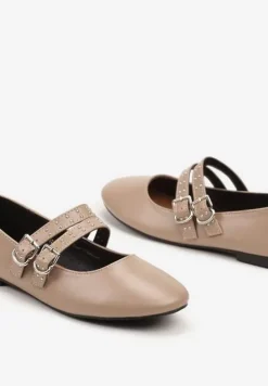 Ciemnobeżowe Balerinki Vices w Rockowym Stylu z Paskami i Sprzączkami Kikirae