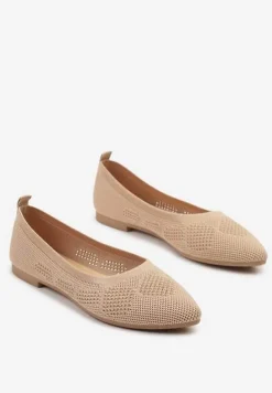 Ciemnobeżowe Balerinki z Noskiem Typu Migdałek Zdobione Perforacją Natiela