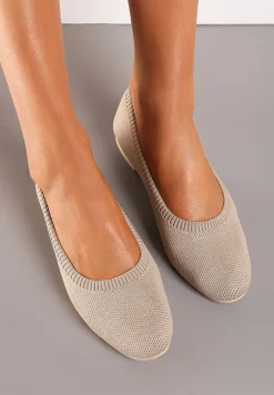Ciemnobeżowe Balerinki z Okrągłym Noskiem i Materiałową Cholewką Mililena