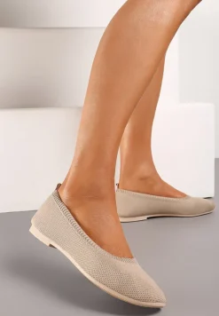 Ciemnobeżowe Balerinki z Okrągłym Noskiem i Materiałową Cholewką Mililena