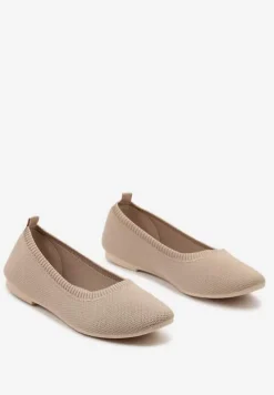 Ciemnobeżowe Balerinki z Okrągłym Noskiem i Materiałową Cholewką Mililena