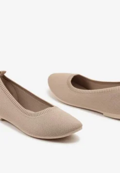 Ciemnobeżowe Balerinki z Okrągłym Noskiem i Materiałową Cholewką Mililena
