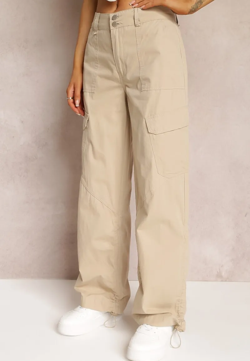 Ciemnobeżowe Bawełniane Spodnie z Gumeczkami Przy Nogawkach Moye