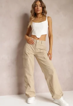 Ciemnobeżowe Bawełniane Spodnie z Gumeczkami Przy Nogawkach Moye