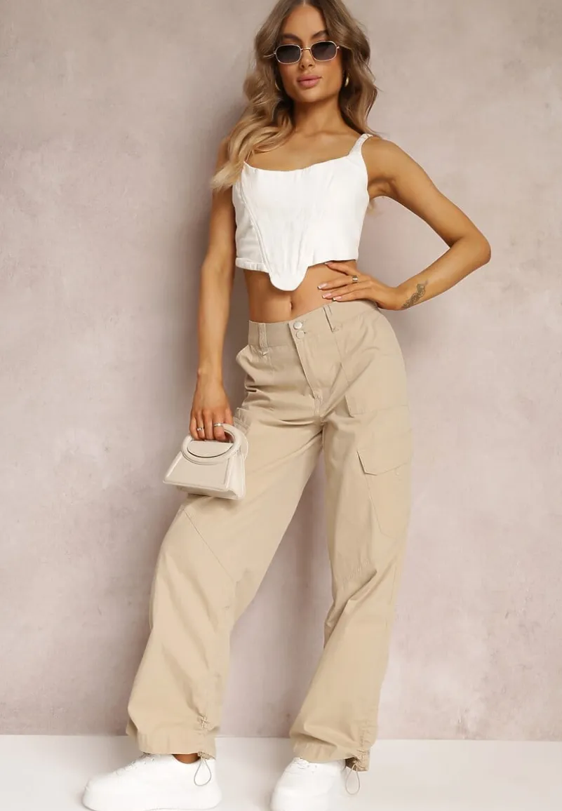 Ciemnobeżowe Bawełniane Spodnie z Gumeczkami Przy Nogawkach Moye