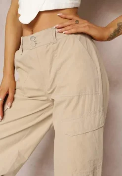 Ciemnobeżowe Bawełniane Spodnie z Gumeczkami Przy Nogawkach Moye