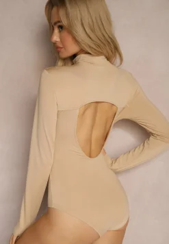 Ciemnobeżowe Body z Golfem z Prążkowanej Dzianiny Naorinia