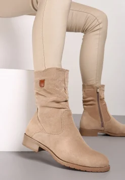 Ciemnobeżowe Botki do Połowy Łydki z Imitacji Zamszu i Marszczoną Cholewką Alemiphae