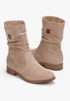 Ciemnobeżowe Botki do Połowy Łydki z Imitacji Zamszu i Marszczoną Cholewką Alemiphae
