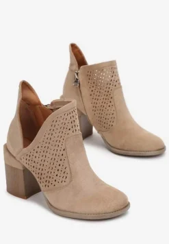 Ciemnobeżowe Botki Ażurowe na Obcasie Deinilea