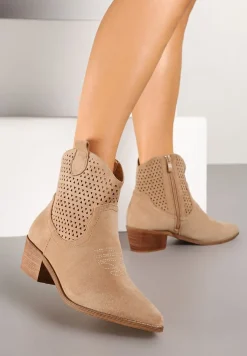 Ciemnobeżowe Botki Kowbojki Vices na Słupku z Ażurową Cholewką Elfedi
