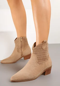 Ciemnobeżowe Botki Kowbojki Vices na Słupku z Ażurową Cholewką Elfedi