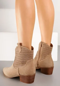 Ciemnobeżowe Botki Kowbojki Vices na Słupku z Ażurową Cholewką Elfedi