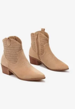 Ciemnobeżowe Botki Kowbojki Vices na Słupku z Ażurową Cholewką Elfedi