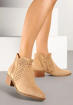 Ciemnobeżowe Botki Kowbojki Vices na Słupku z Ażurową Cholewką Selahra