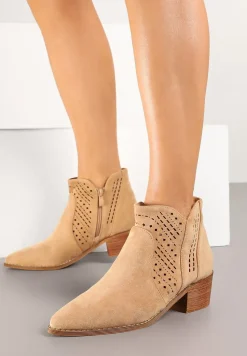 Ciemnobeżowe Botki Kowbojki Vices na Słupku z Ażurową Cholewką Selahra
