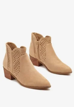 Ciemnobeżowe Botki Kowbojki Vices na Słupku z Ażurową Cholewką Selahra