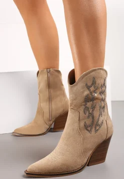 Ciemnobeżowe Botki Kowbojki na Stożkowym Obcasie z Ozdobnym Haftem i Cyrkoniami Talesse