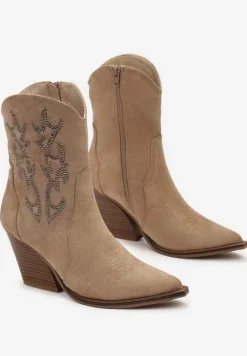 Ciemnobeżowe Botki Kowbojki na Stożkowym Obcasie z Ozdobnym Haftem i Cyrkoniami Talesse