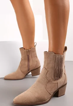 Ciemnobeżowe Botki Kowbojki na Słupku Jozeline