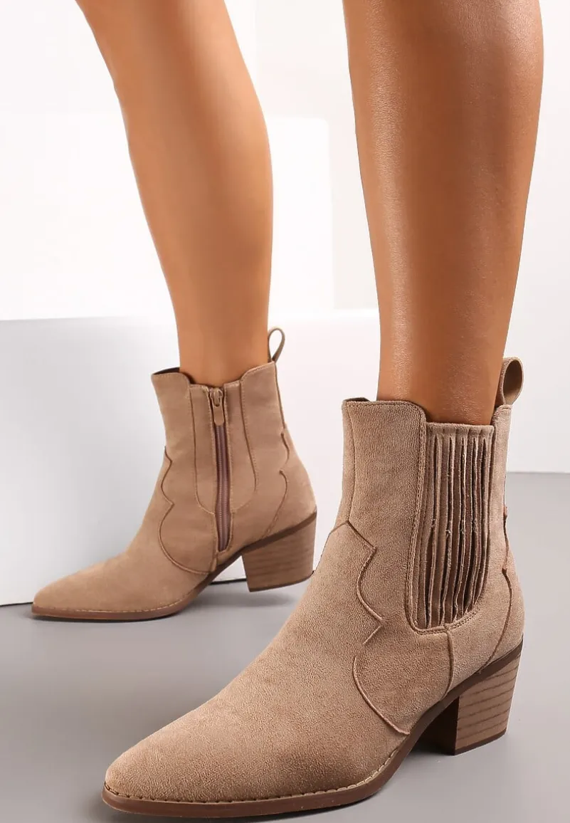Ciemnobeżowe Botki Kowbojki na Słupku Jozeline