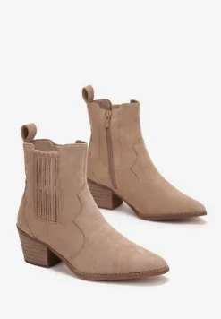 Ciemnobeżowe Botki Kowbojki na Słupku Jozeline