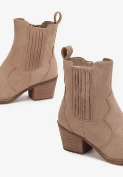 Ciemnobeżowe Botki Kowbojki na Słupku Jozeline