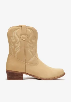 Ciemnobeżowe Botki Kowbojki z Haftem i Szpiczastym Noskiem Morumina