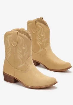 Ciemnobeżowe Botki Kowbojki z Haftem i Szpiczastym Noskiem Morumina