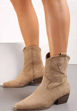 Ciemnobeżowe Botki Kowbojki na Niskim Słupku z Haftem Ilaina