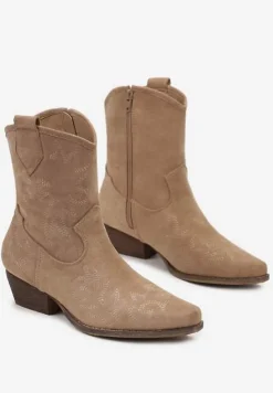 Ciemnobeżowe Botki Kowbojki na Niskim Słupku z Haftem Ilaina